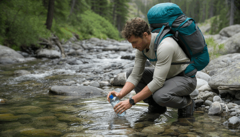 A man wearing a backpack in crouched down at a stream in a forest. He is putting water into a plastic water bottle.