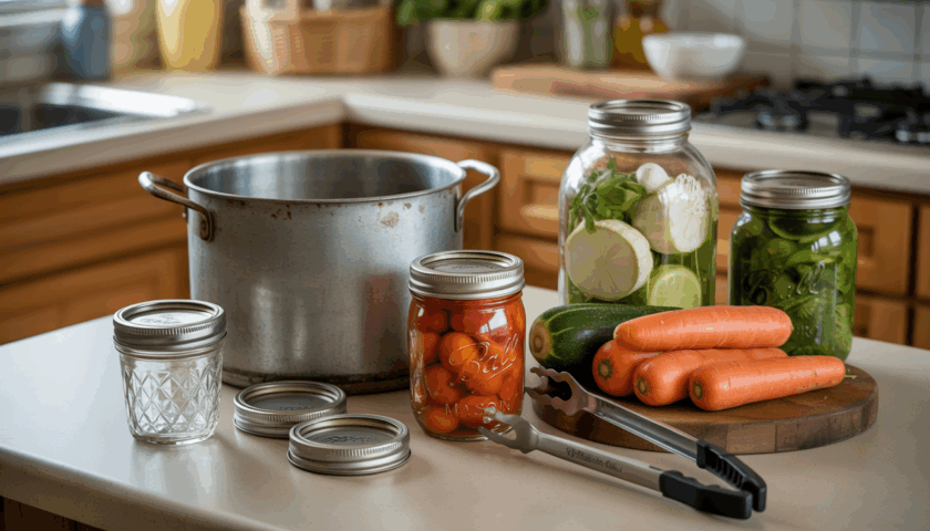 There is a pot and an empty canning jar on a counter in a kitchen. There is three jars with vegetables and there is a cutting board with carrots and cucumbers and a set of tongs.