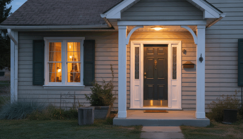 The front door of a home in the country, the light is fading and the front porch light is on
