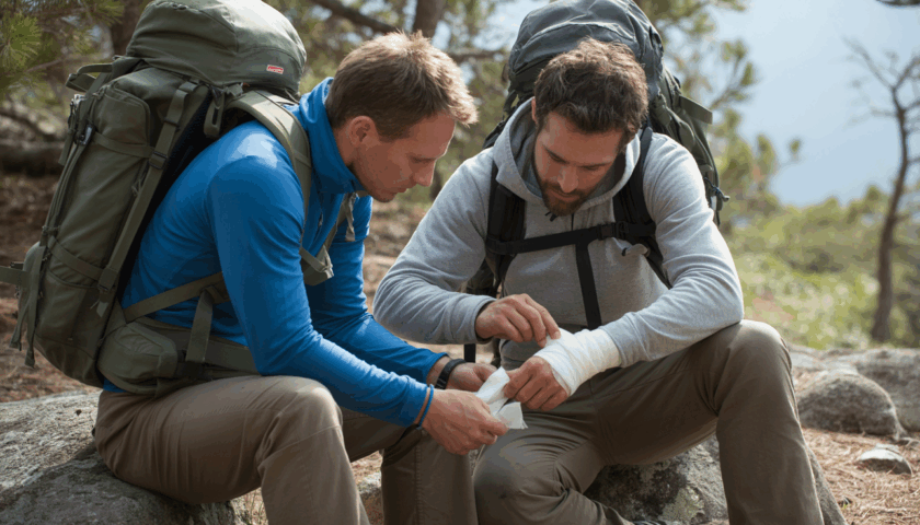 Two make hikers sitting on rocks in the forest, one is wrapping a bandage around the other man's hand