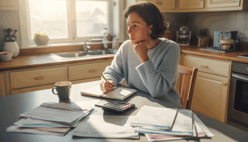 A woman sitting a table in a kitchen writing in a notebook, a calculator, coffee cup and papers are on the table